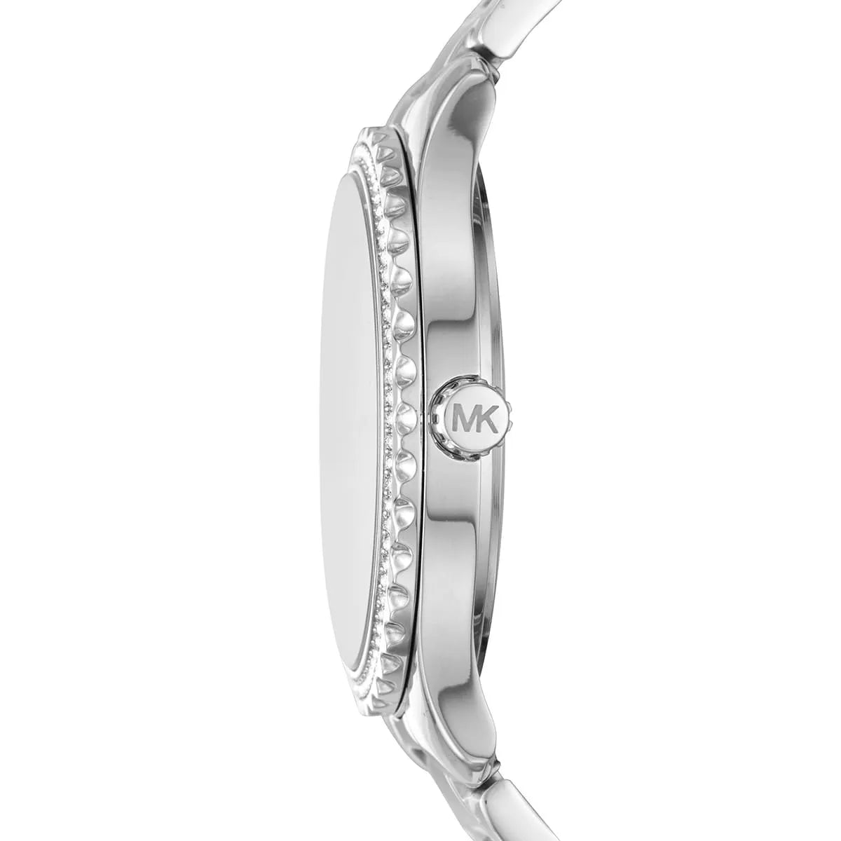 Side view photo of Michael Kors MK6847 showing case thickness and silver crown detail