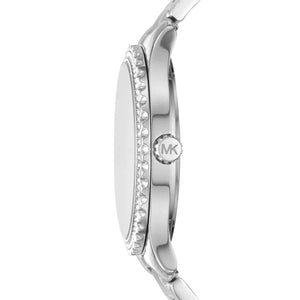 Side view photo of Michael Kors MK6847 showing case thickness and silver crown detail