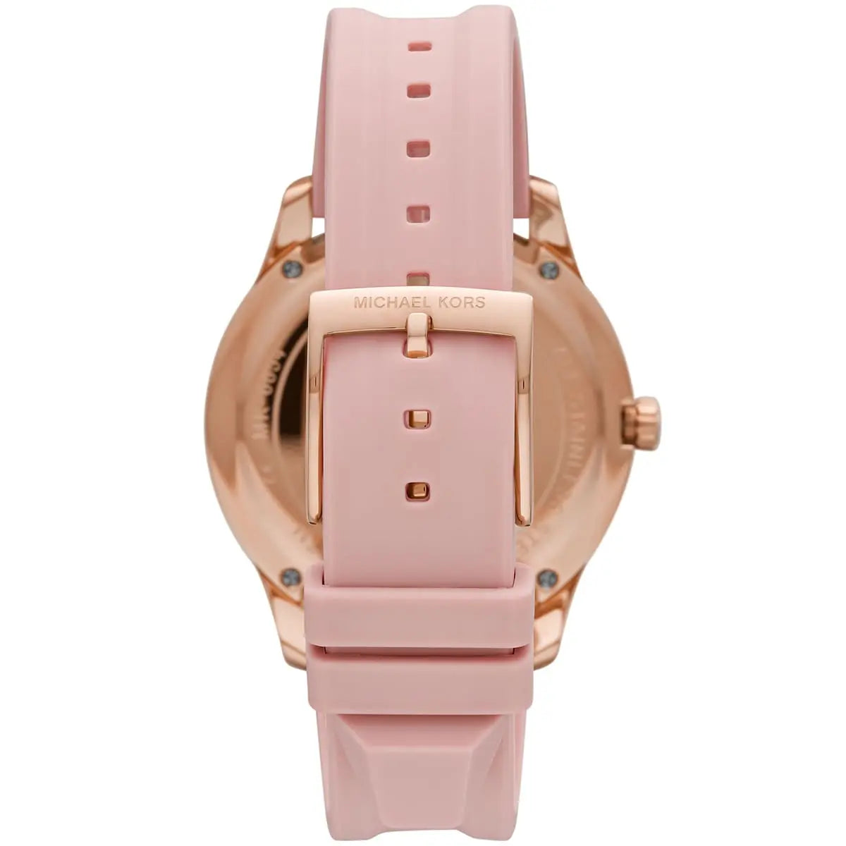 Caseback of Michael Kors Runway MK6854 women's quartz battery watch showing technical specs pavé dial and pink rubber strap