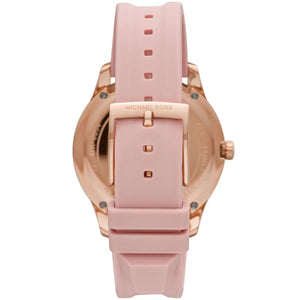 Caseback of Michael Kors Runway MK6854 women's quartz battery watch showing technical specs pavé dial and pink rubber strap
