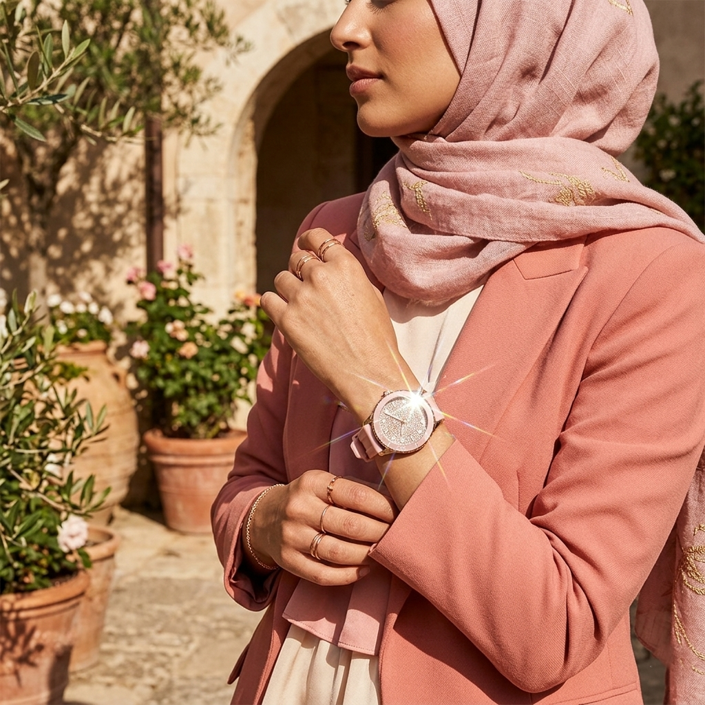 Elegant woman wearing Michael Kors Runway MK6854 women's quartz battery watch with rose gold-tone case and brilliant pavé dial