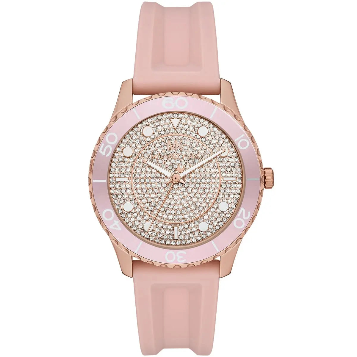 Michael Kors Runway MK6854 women's quartz battery watch with full pavé crystal dial, rose gold-tone case, pink rubber strap main view
