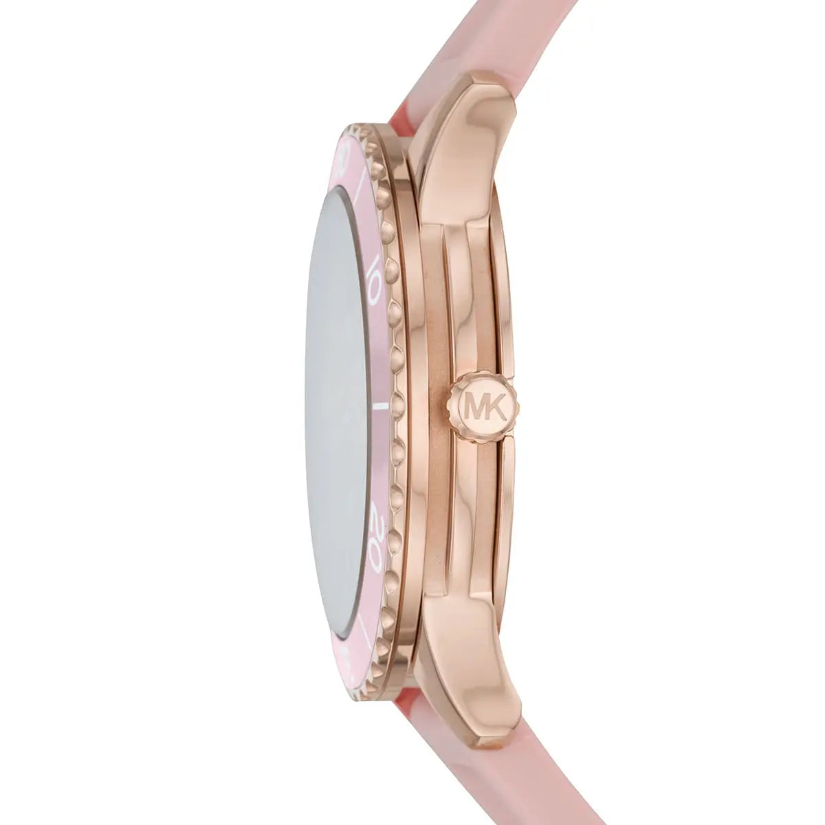 Side profile of Michael Kors Runway MK6854 women's quartz battery watch showing 9mm thickness and rose gold finish