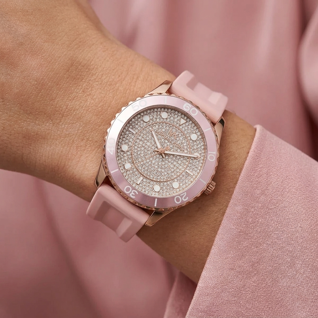 Close up of Michael Kors Runway MK6854 women's quartz battery watch on wrist showing full pavé crystal dial and pink rubber strap