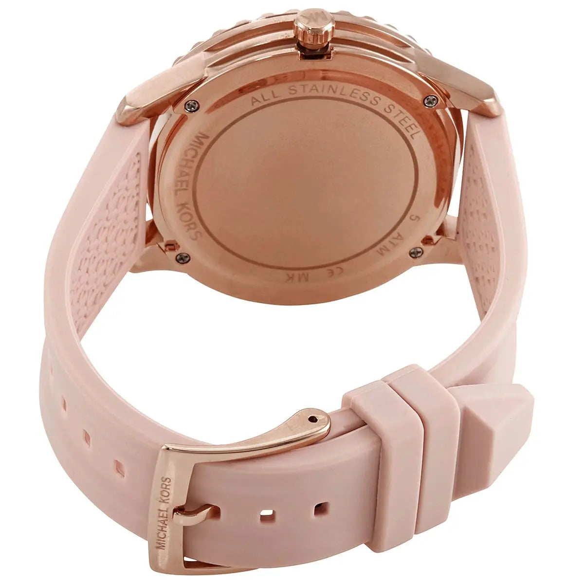 Back view of a Michael Kors watch with rose gold case and pink silicone strap on a white background