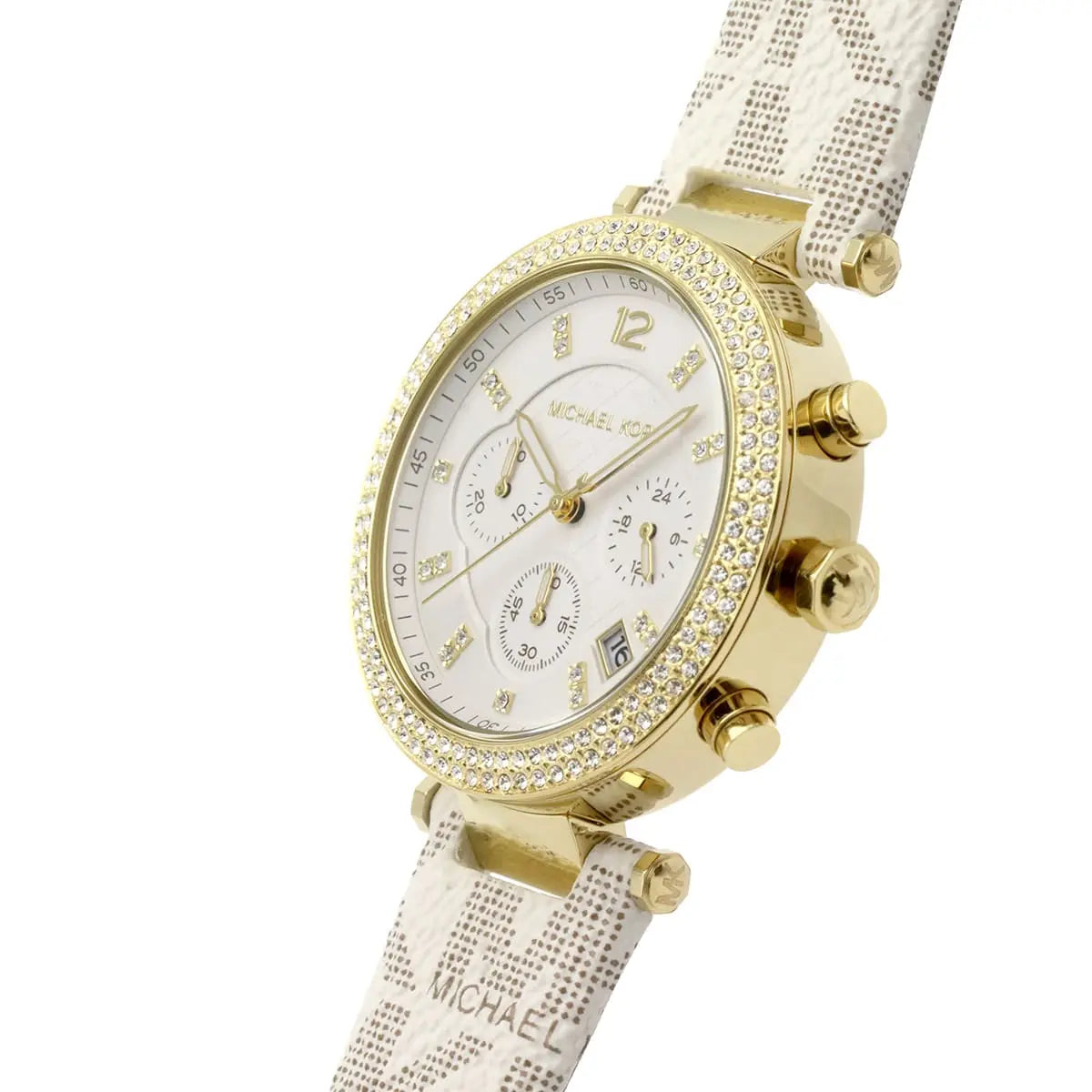 Perspective photo of Michael Kors MK6916 showing the side profile and logo print leather strap