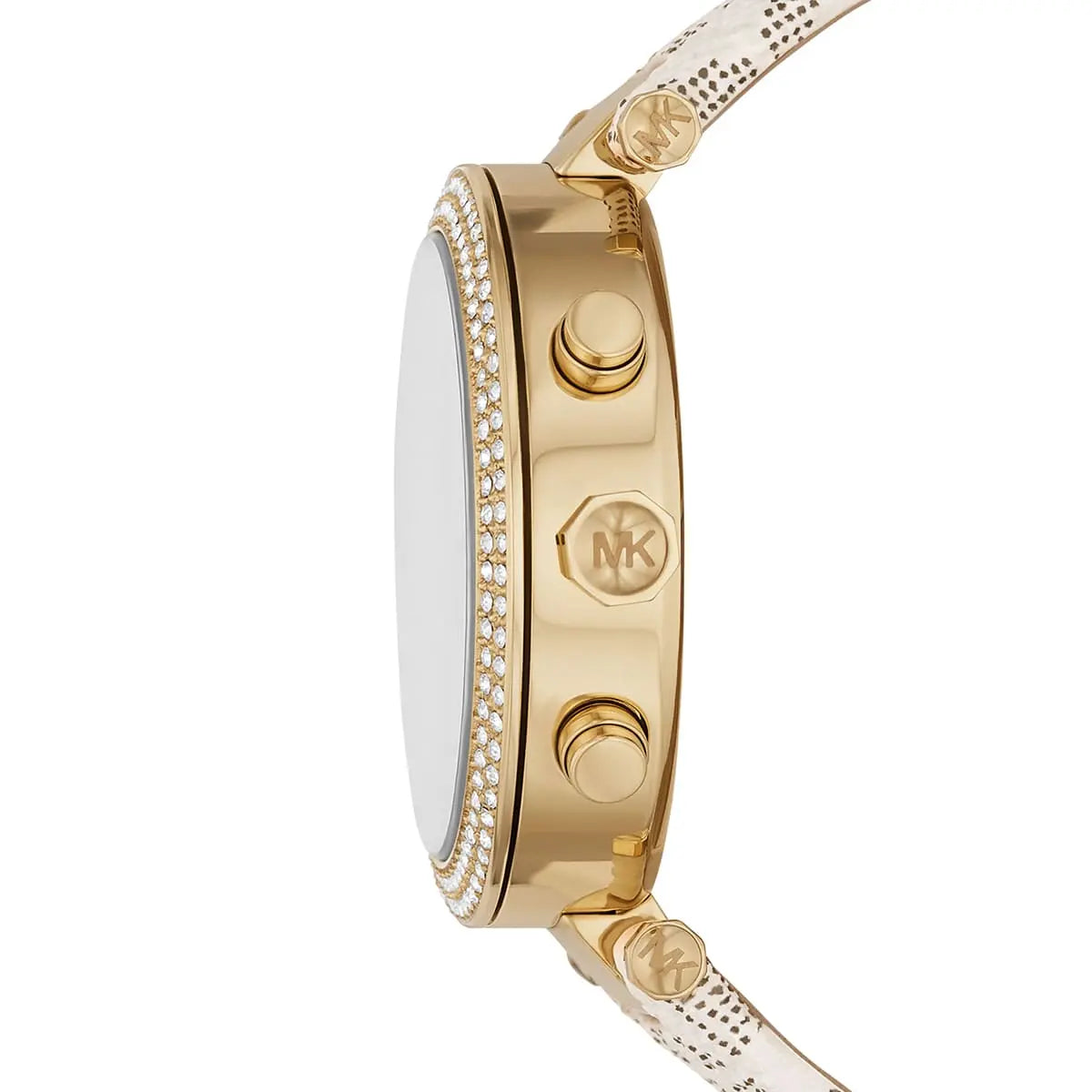 Detail photo of the gold-tone crown and pushers on the Michael Kors MK6916 watch