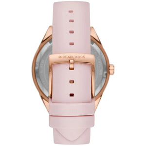 Detailed view of the soft and durable pink rubber silicone strap for the Michael Kors Jessa watch