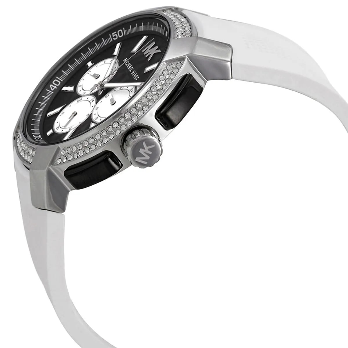 Angled shot of the Michael Kors Sidney MK6947 showing the contrast between the black dial and white strap