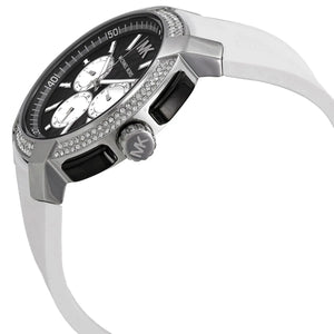 Angled shot of the Michael Kors Sidney MK6947 showing the contrast between the black dial and white strap