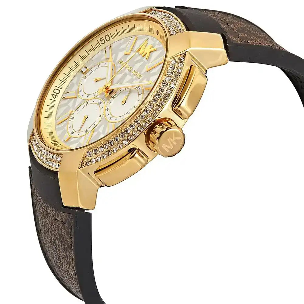 Michael Kors Sidney MK6948 Women’s Gold Dial Brown Logo Strap Multi-Function Watch