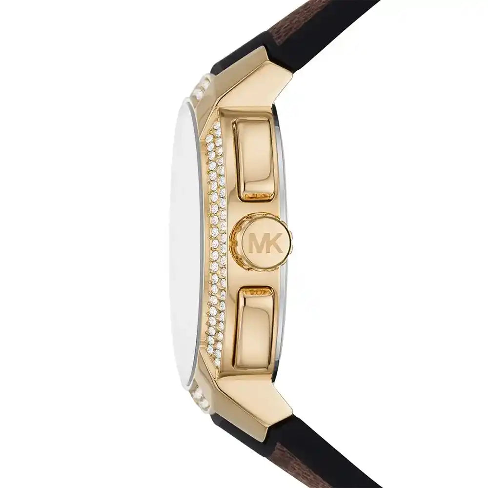 Michael Kors Sidney MK6948 Women’s Gold Dial Brown Logo Strap Multi-Function Watch