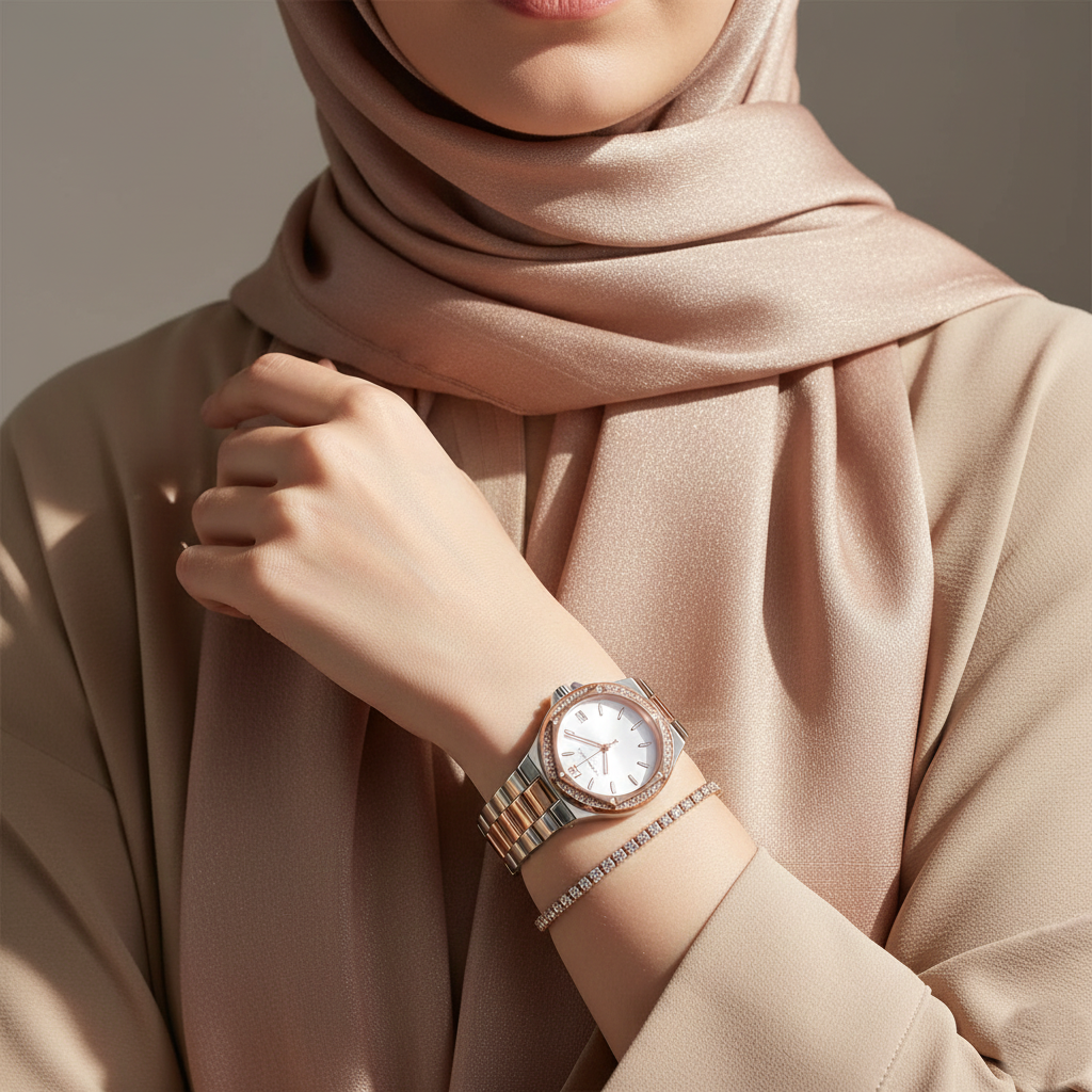 ساعة مايكل كورس MK6989 لينوكس سيلفر في روز جولد فخمة على معصم محجبة