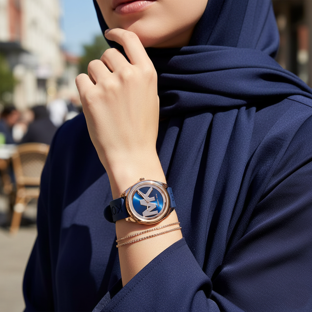 ساعة مايكل كورس MK7140 جانيل روز جولد بسير سيليكون أزرق على معصم محجبة