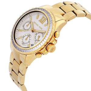 Right angled view of Michael Kors Everest MK7212 women's quartz battery watch highlighting gold finish and white dial chronograph details