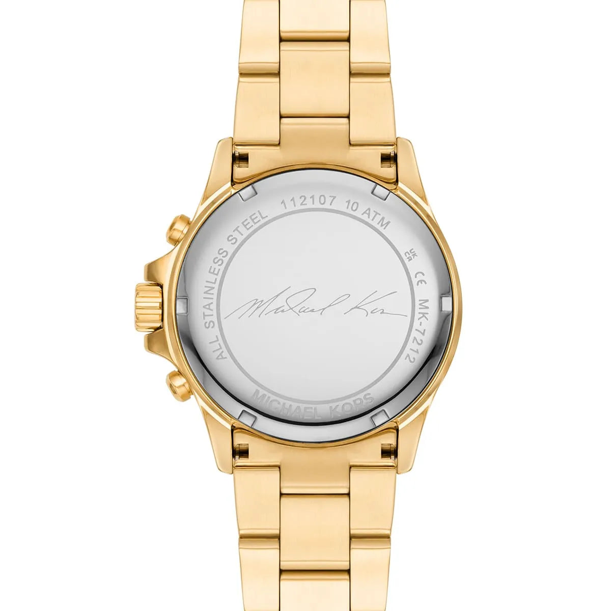 Caseback of Michael Kors Everest MK7212 women's quartz battery watch showing technical specs white dial and gold metal bracelet
