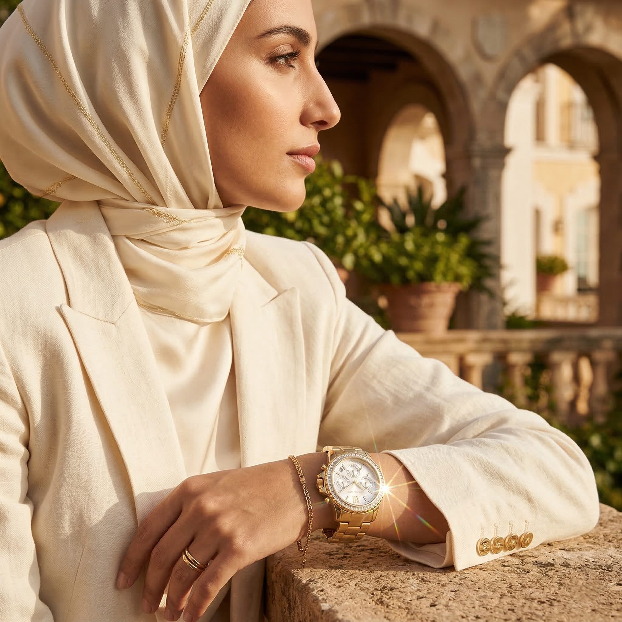 Elegant woman wearing Michael Kors Everest MK7212 women's quartz battery watch with gold-tone case and luxury crystal bezel
