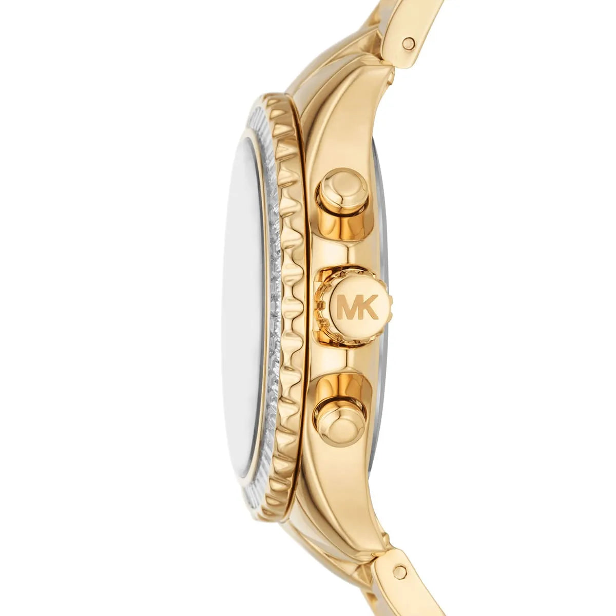 Side profile of Michael Kors Everest MK7212 women's quartz battery watch showing 11mm thickness and gold finish