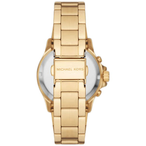 Caseback of Michael Kors Everest MK7212 women's quartz battery watch showing technical specs white dial and gold metal bracelet