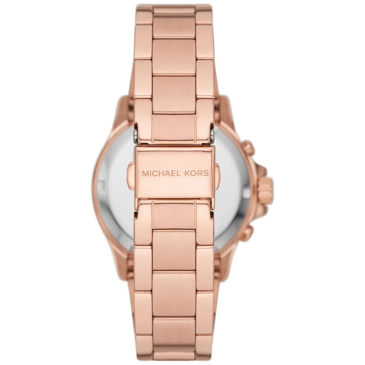 Caseback of Michael Kors Everest MK7213 women's quartz battery watch showing technical specs white dial and rose gold metal bracelet