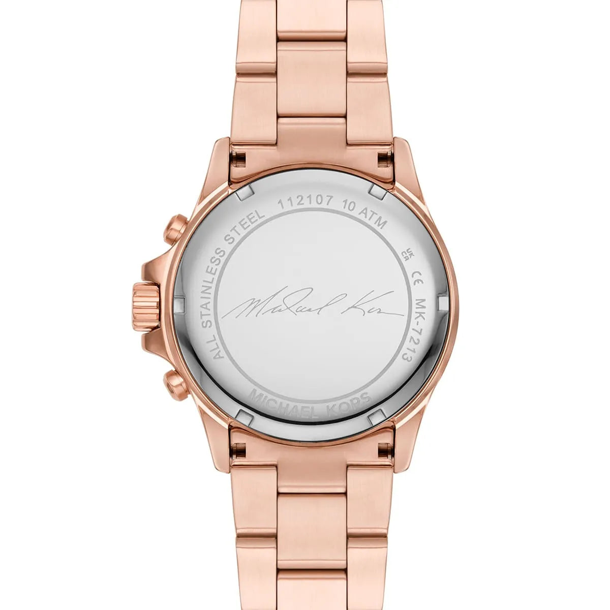 Caseback of Michael Kors Everest MK7213 women's quartz battery watch showing technical specs white dial and rose gold metal bracelet
