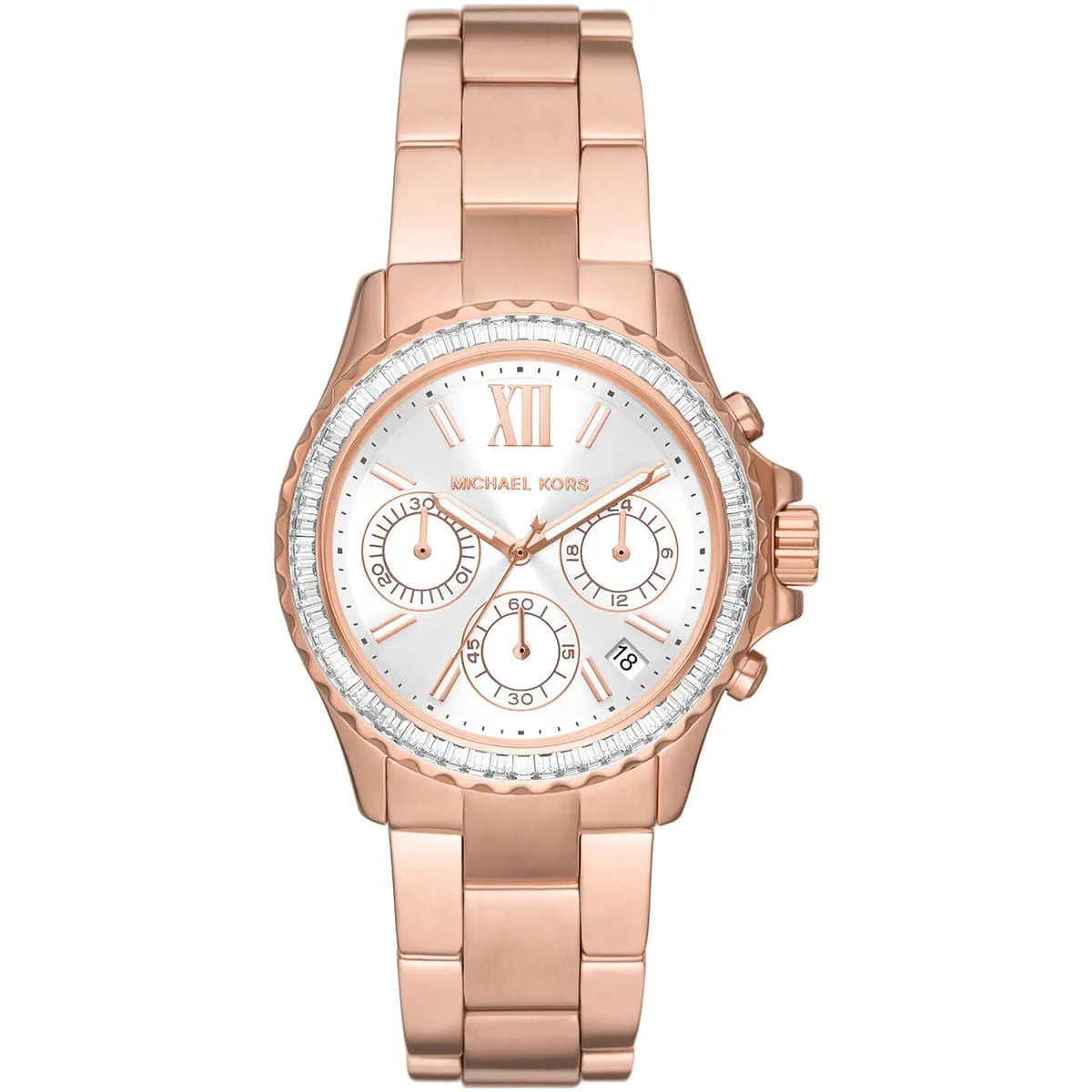 Michael Kors Everest MK7213 women's quartz battery watch with white dial, baguette crystal-encrusted rose gold bezel, rose gold stainless steel bracelet main view