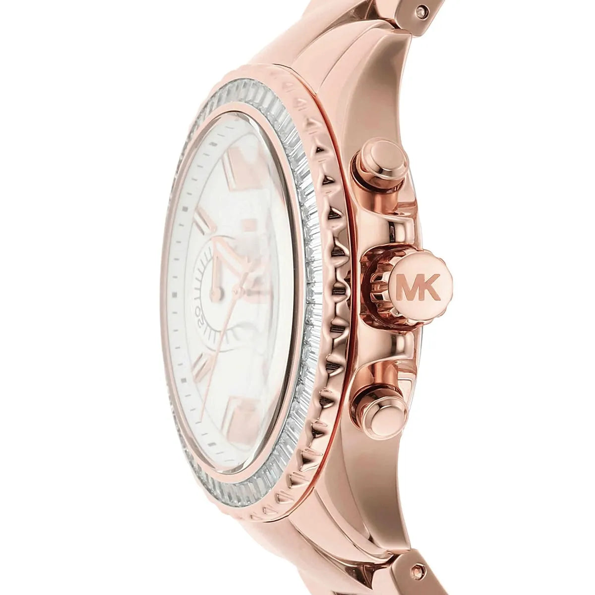 Side profile of Michael Kors Everest MK7213 women's quartz battery watch showing 11mm thickness and rose gold finish