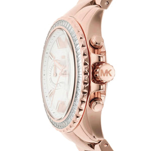 Side profile of Michael Kors Everest MK7213 women's quartz battery watch showing 11mm thickness and rose gold finish
