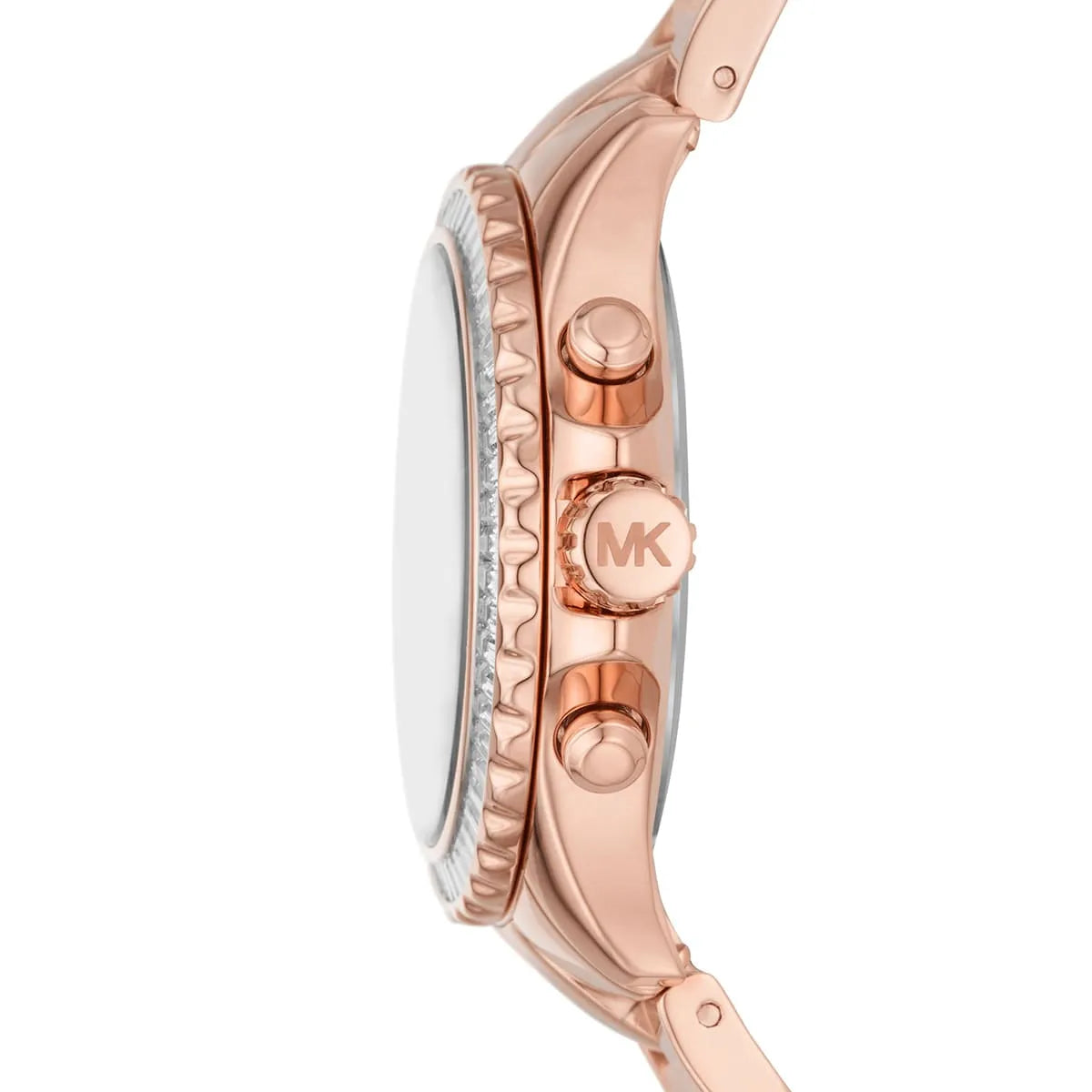 Side profile of Michael Kors Everest MK7213 women's quartz battery watch showing 11mm thickness and rose gold finish