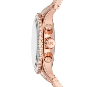 Side profile of Michael Kors Everest MK7213 women's quartz battery watch showing 11mm thickness and rose gold finish
