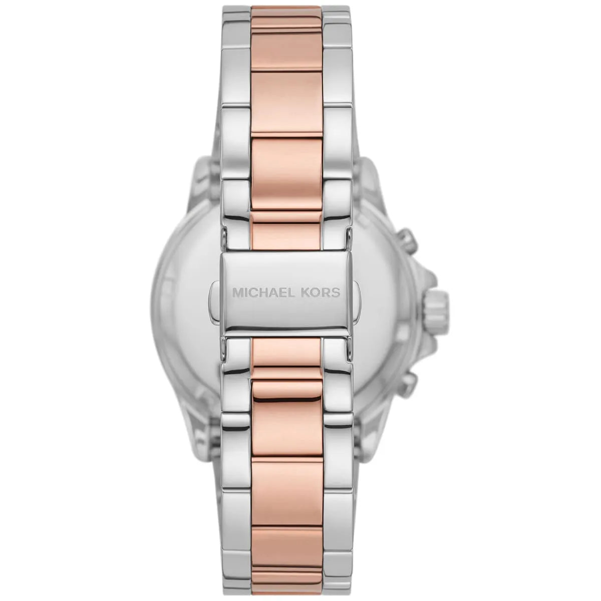 Caseback of Michael Kors Everest MK7214 women's quartz battery watch showing technical specs white dial and two-tone metal bracelet