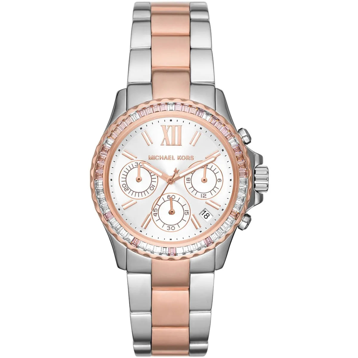 Michael Kors Everest MK7214 women's quartz battery watch with white dial, rose and white baguette crystal bezel, two-tone silver and rose gold bracelet main view