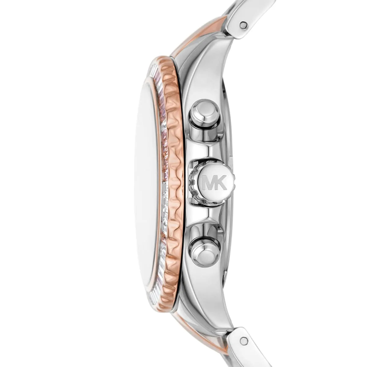 Side profile of Michael Kors Everest MK7214 women's quartz battery watch showing 11mm thickness and two-tone finish