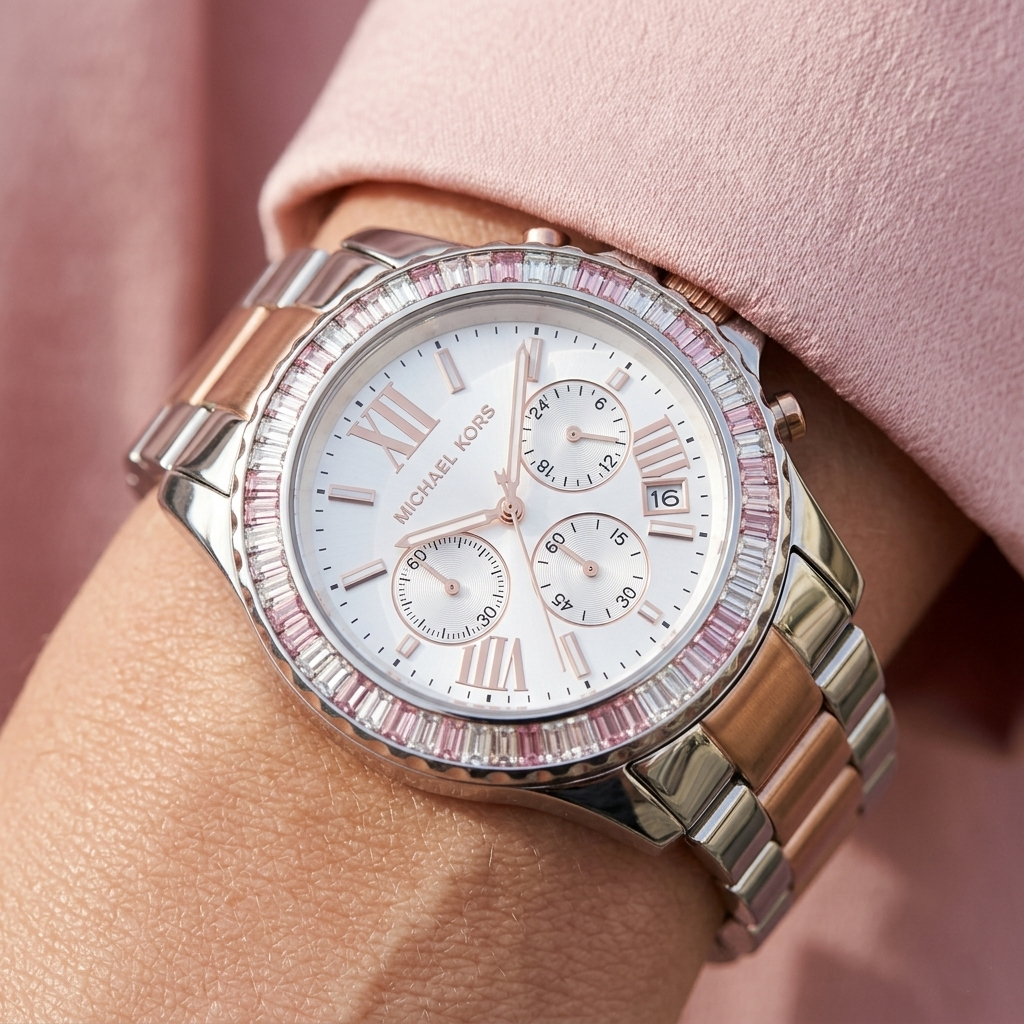 Close up of Michael Kors Everest MK7214 women's quartz battery watch on wrist showing white dial and brilliant rose baguette crystal bezel