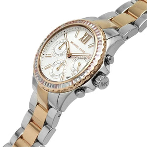 Right angled view of Michael Kors Everest MK7214 women's quartz battery watch highlighting rose gold finish and white dial chronograph details