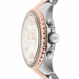 Left angled view of Michael Kors Everest MK7214 women's quartz battery watch showing two-tone stainless steel bracelet and case profile