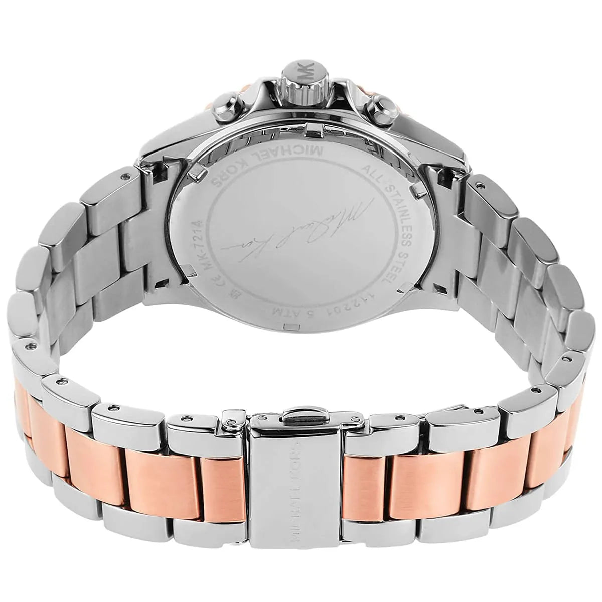 Two-tone silver and rose gold deployment clasp on Michael Kors Everest MK7214 women's quartz battery metal bracelet watch