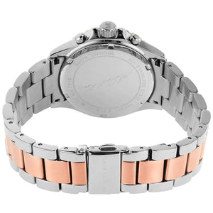Two-tone silver and rose gold deployment clasp on Michael Kors Everest MK7214 women's quartz battery metal bracelet watch