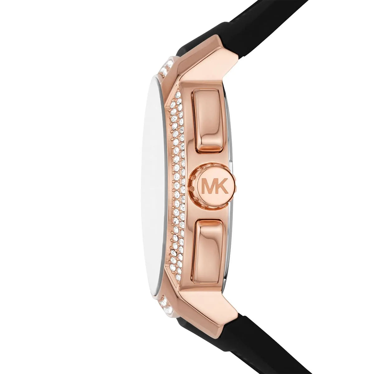 Side profile of the rose gold-tone stainless steel case and crown of the Michael Kors MK7245