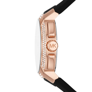 Side profile of the rose gold-tone stainless steel case and crown of the Michael Kors MK7245
