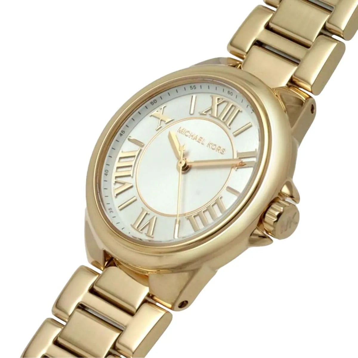 Right side profile view of the 9mm gold-tone case showing the MK crown on the Michael Kors MK7255