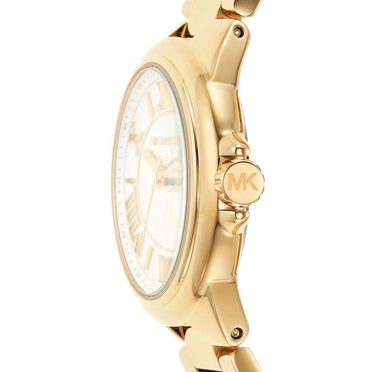 Left side perspective showing the polished gold finish of the round stainless steel case
