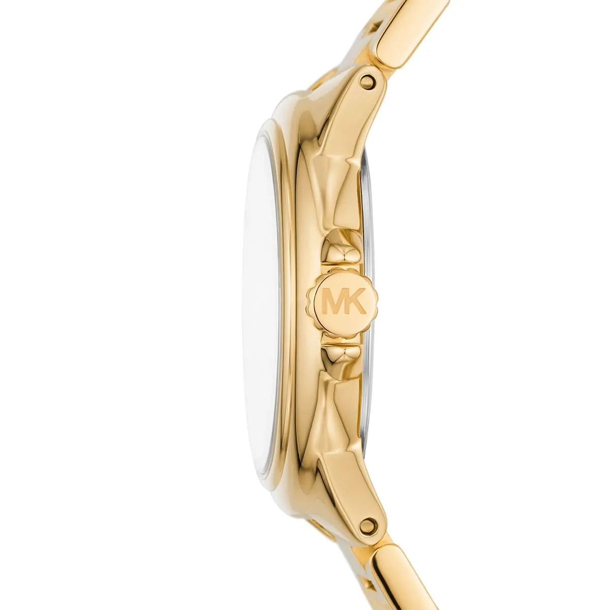 Angled front view of MK7255 highlighting the timeless dial design and sleek metal strap