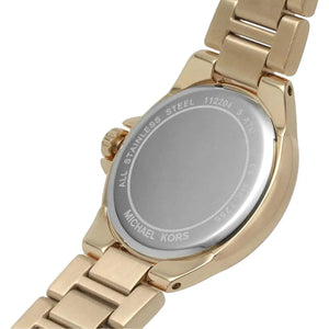 Detailed angled view focusing on the polished gold-tone stainless steel link bracelet