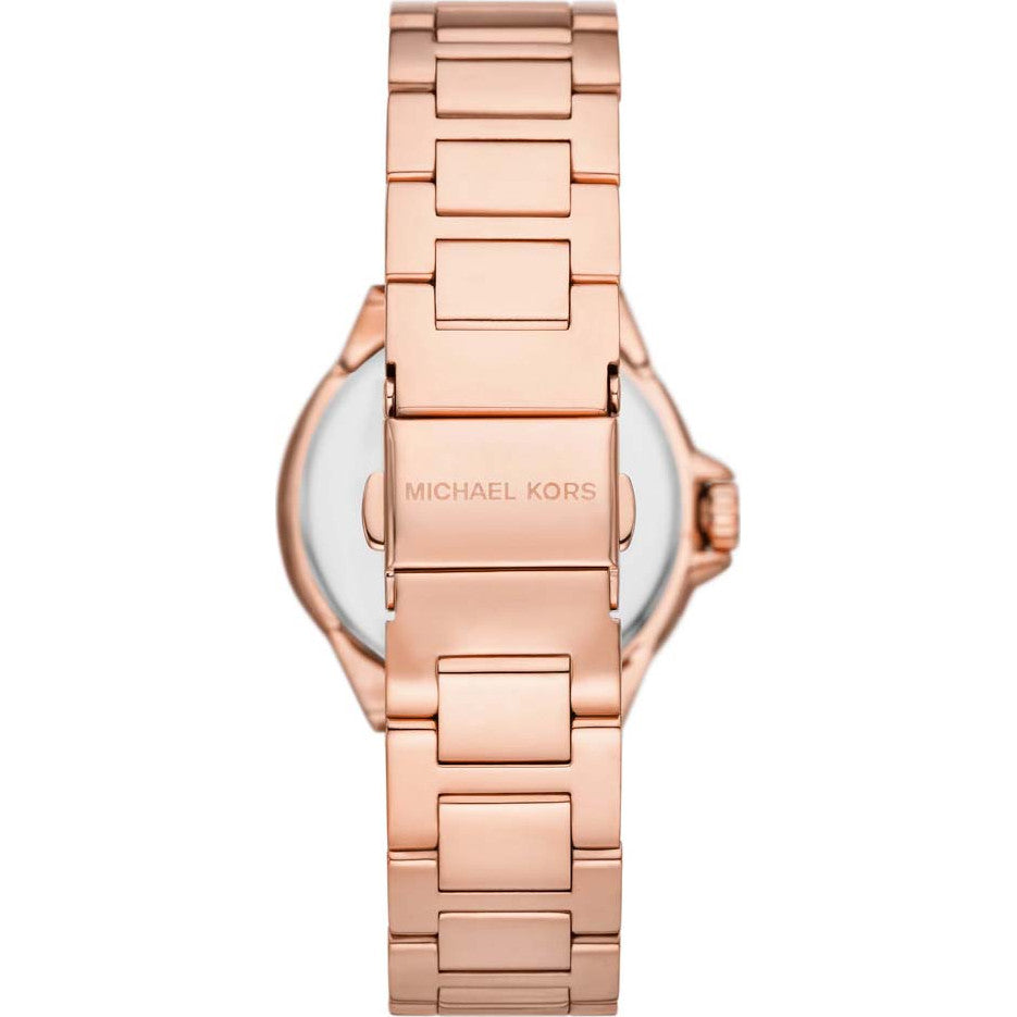Stainless steel case back view of the Michael Kors MK7256 showing model details and water resistance
