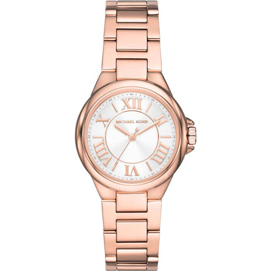 Michael Kors Camille MK7256 women watch with rose gold round case and white dial with roman numerals