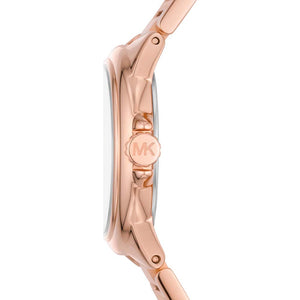 Right side profile view of the 9mm rose gold-tone case showing the MK crown on the Michael Kors MK7256