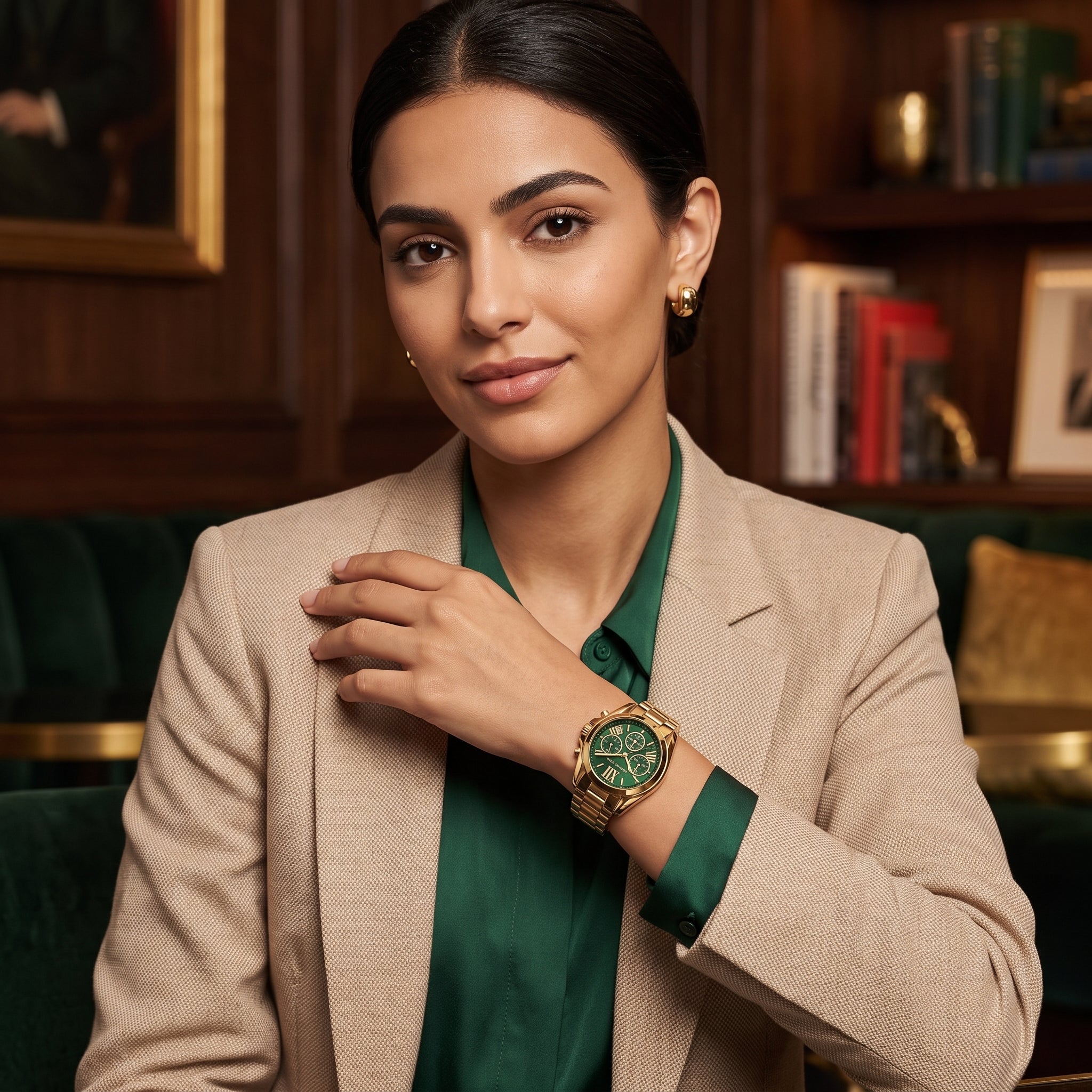 A woman in a beige blazer and green shirt wears a gold-tone watch with a green dial, posed in a warm, elegant indoor setting with bookshelves in the background.