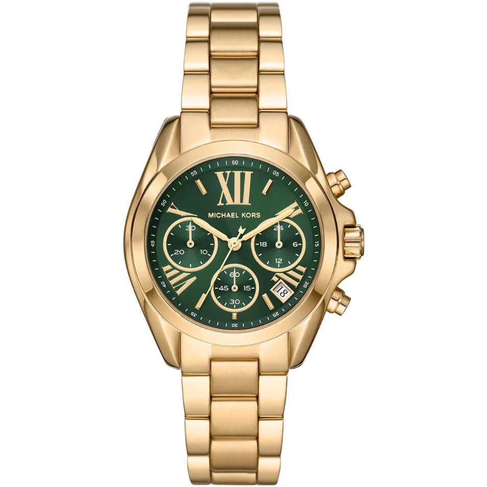 Michael Kors gold-tone chronograph watch with a green dial and matching green subdials, shown on a white background.