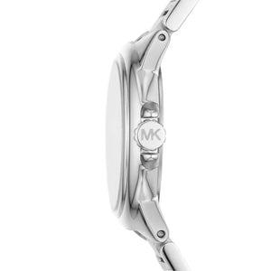 Right side profile view of the 9mm silver-tone case showing the MK crown on the Michael Kors MK7259
